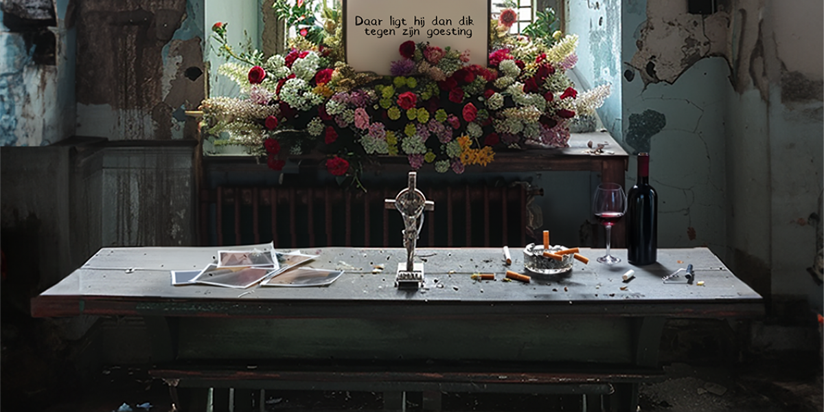 Foto van tafel met een kleinkruisbeeld erop. In een kerk.